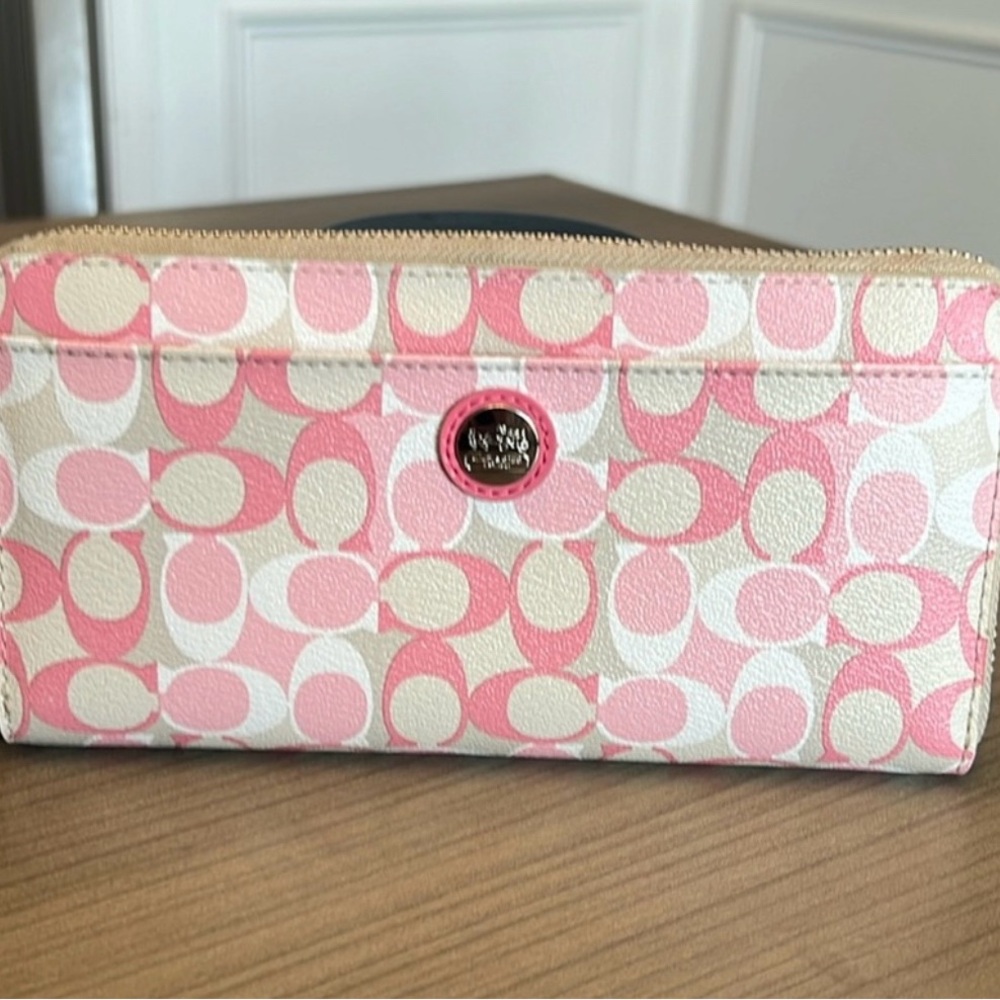 Coach Pink and Cream Dream C Signature Accordion Zip Wallet